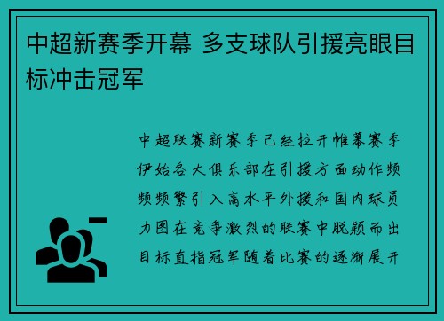 中超新赛季开幕 多支球队引援亮眼目标冲击冠军