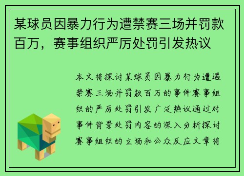 某球员因暴力行为遭禁赛三场并罚款百万，赛事组织严厉处罚引发热议